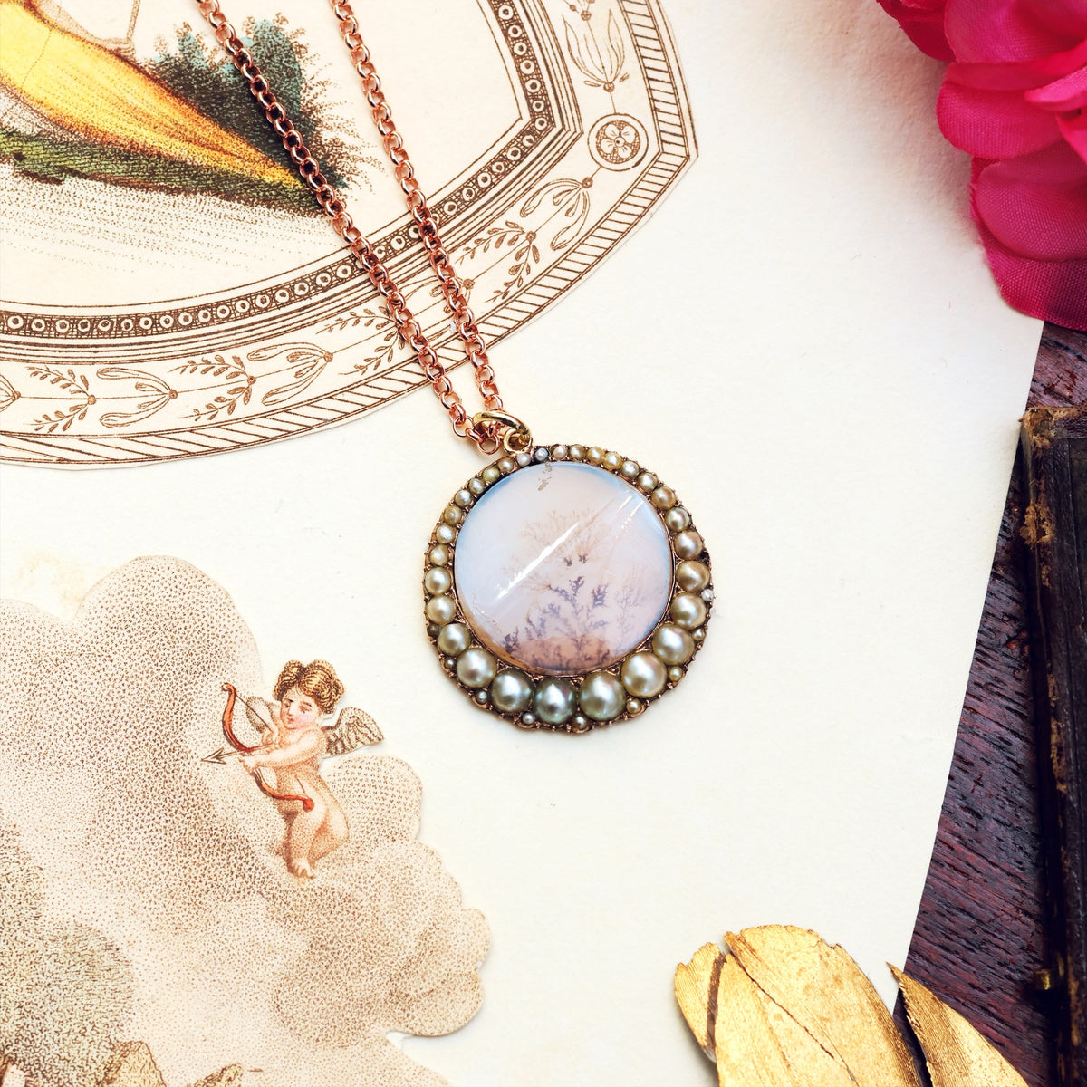 Georgian Dendritic Agate & Wild Pearl Pendant