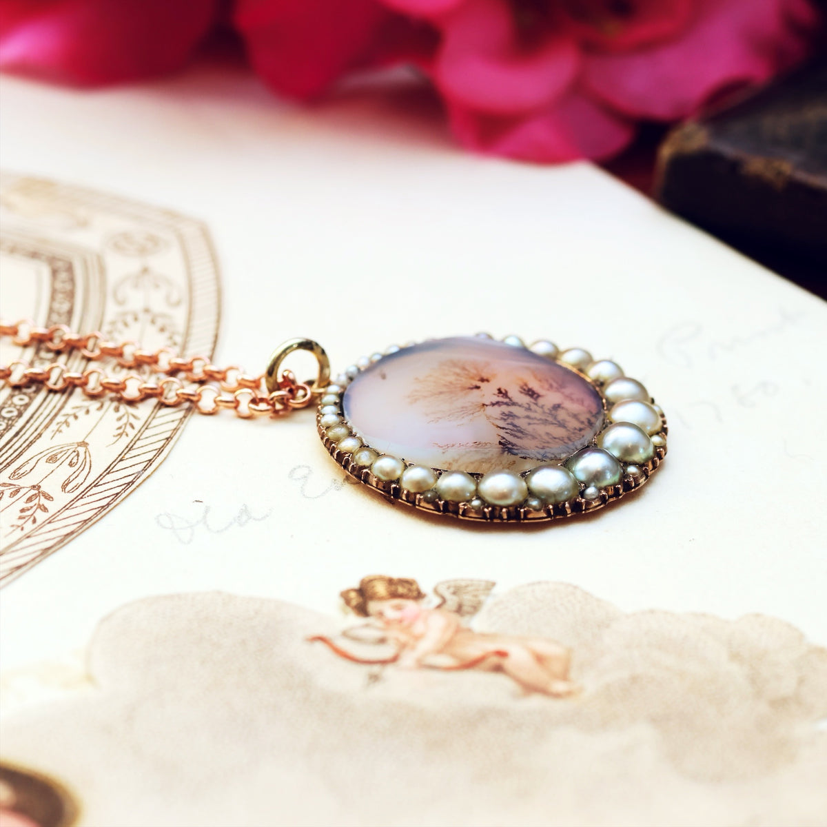 Georgian Dendritic Agate & Wild Pearl Pendant