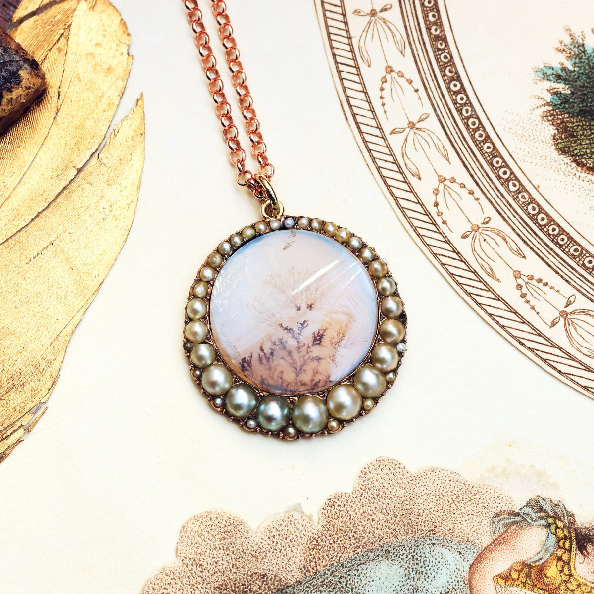 Georgian Dendritic Agate & Wild Pearl Pendant