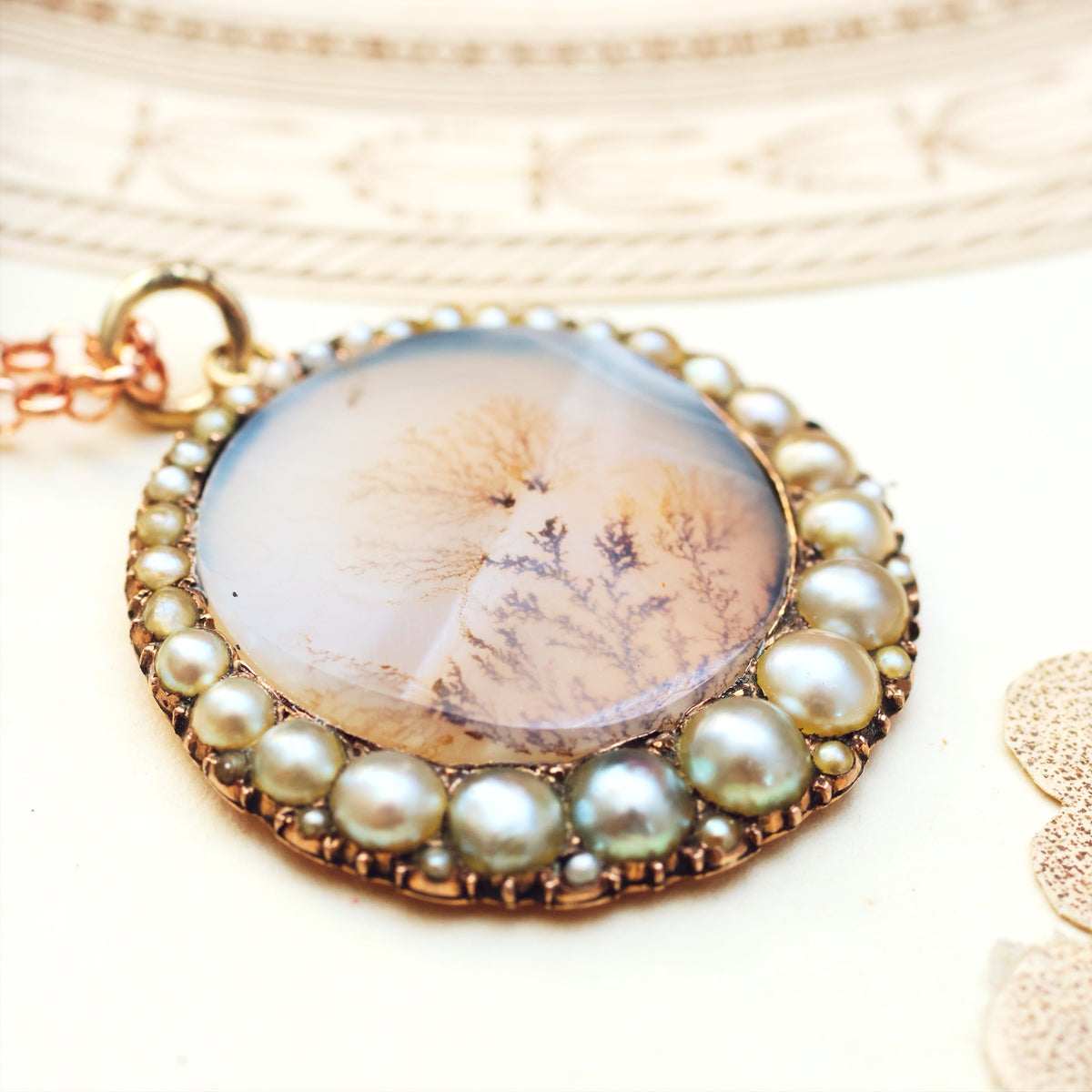 Georgian Dendritic Agate & Wild Pearl Pendant