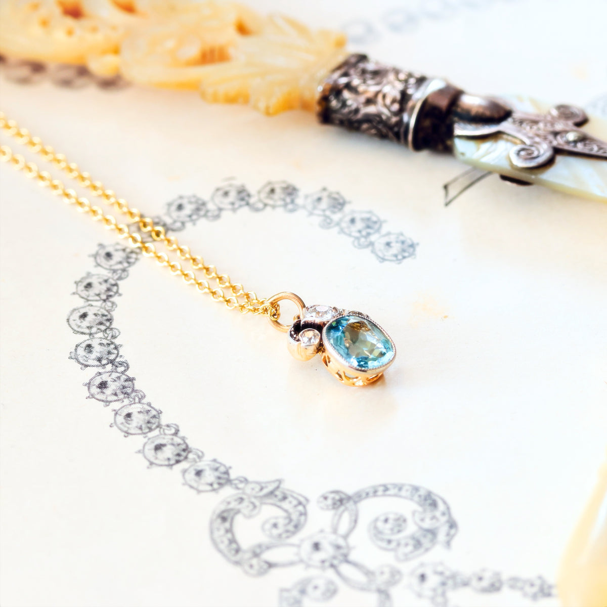 Loveliest Antique Aquamarine & Diamond Pendant