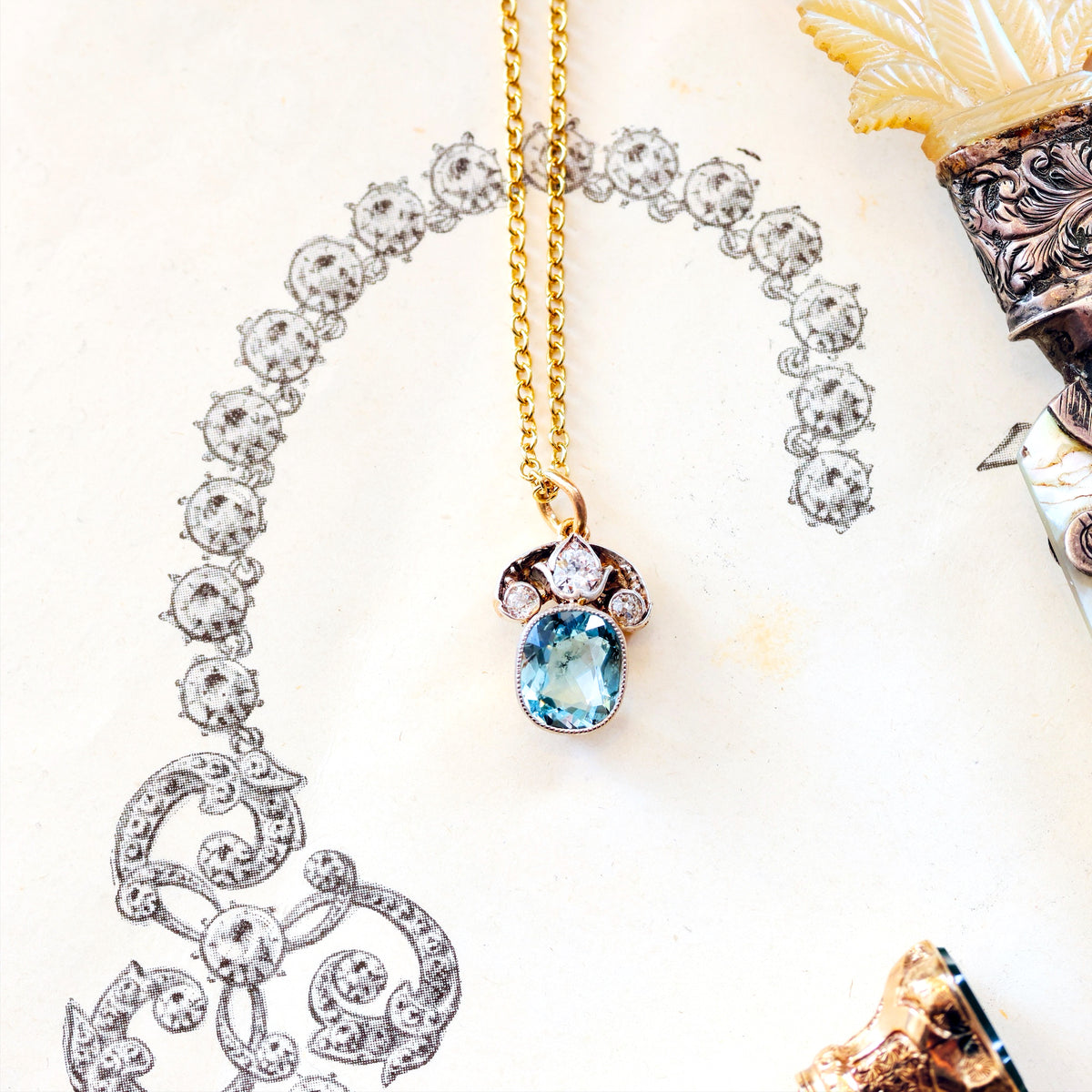 Loveliest Antique Aquamarine & Diamond Pendant