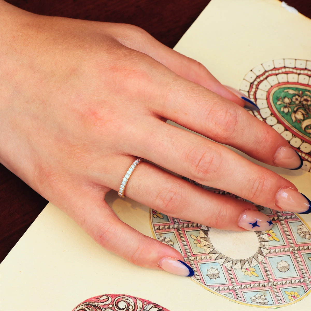 Vintage Style Beaded Diamond Half Eternity Ring