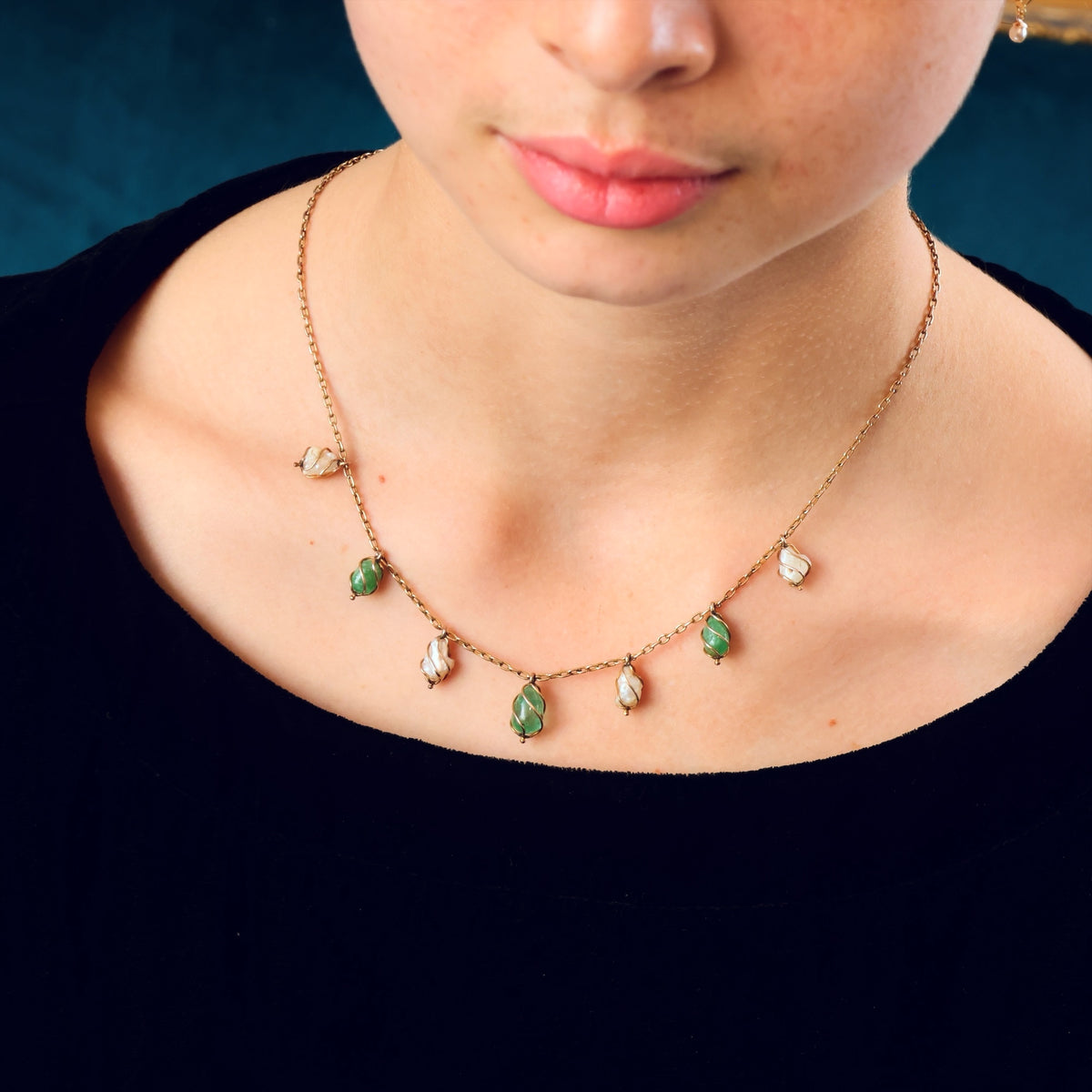 Antique Arts & Crafts Emerald & Wild Pearl Necklace