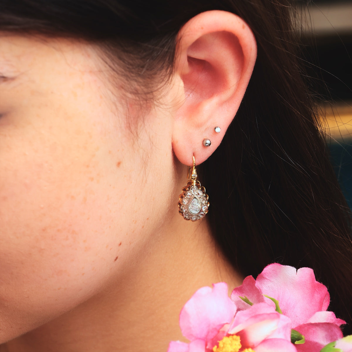 Magical! Vintage Rose-cut Diamond Earrings in Antique Box