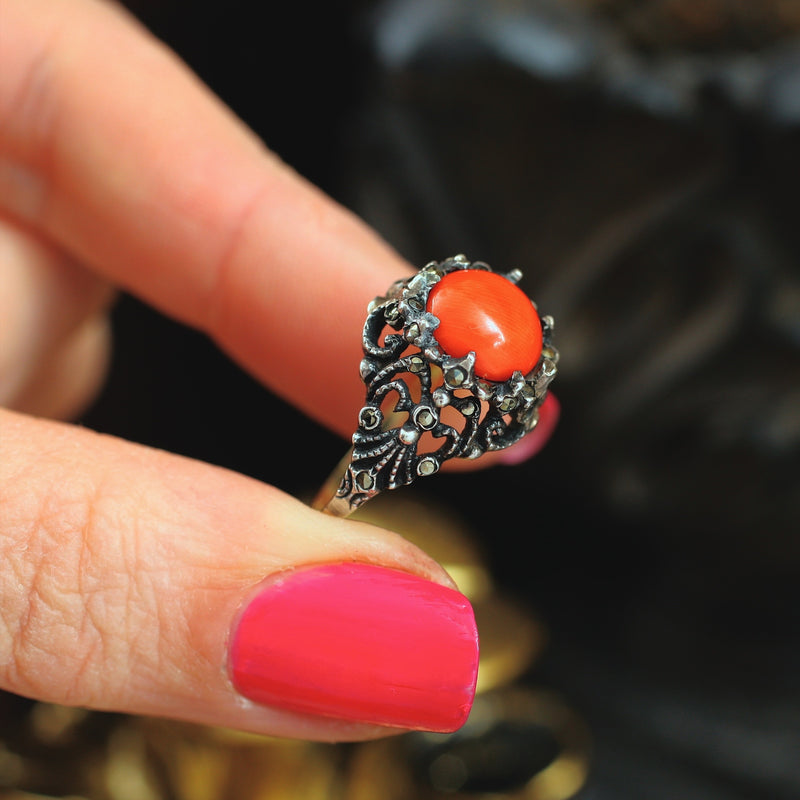 Vintage Coral & Marcasite Cocktail Dress Ring