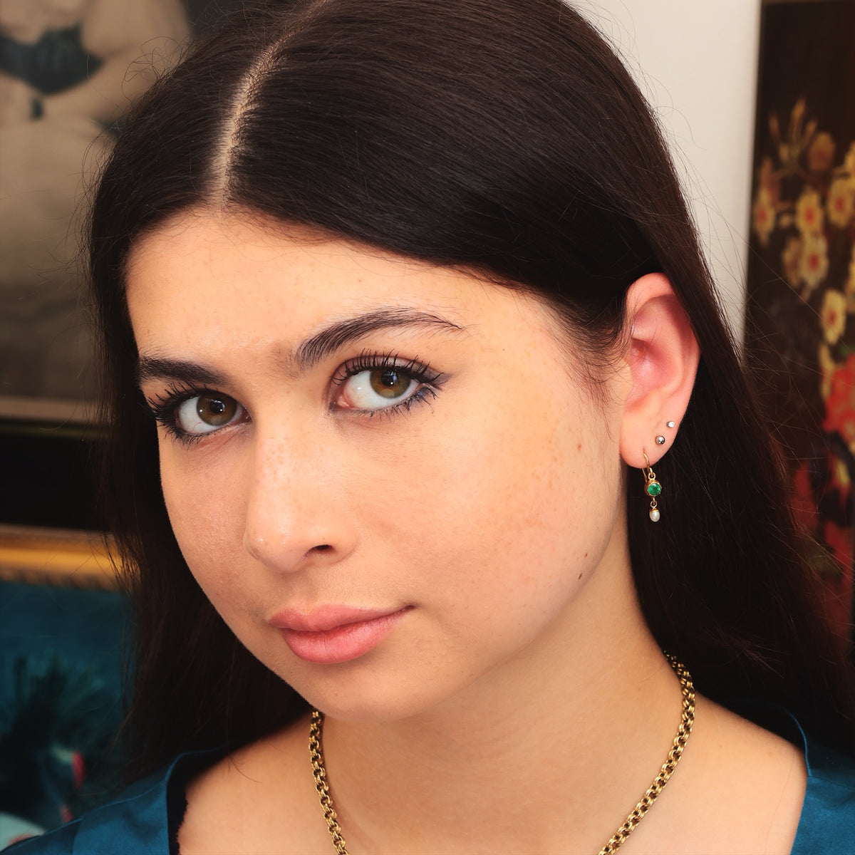 Renaissance Style Emerald & Wild Pearl Drop Earrings