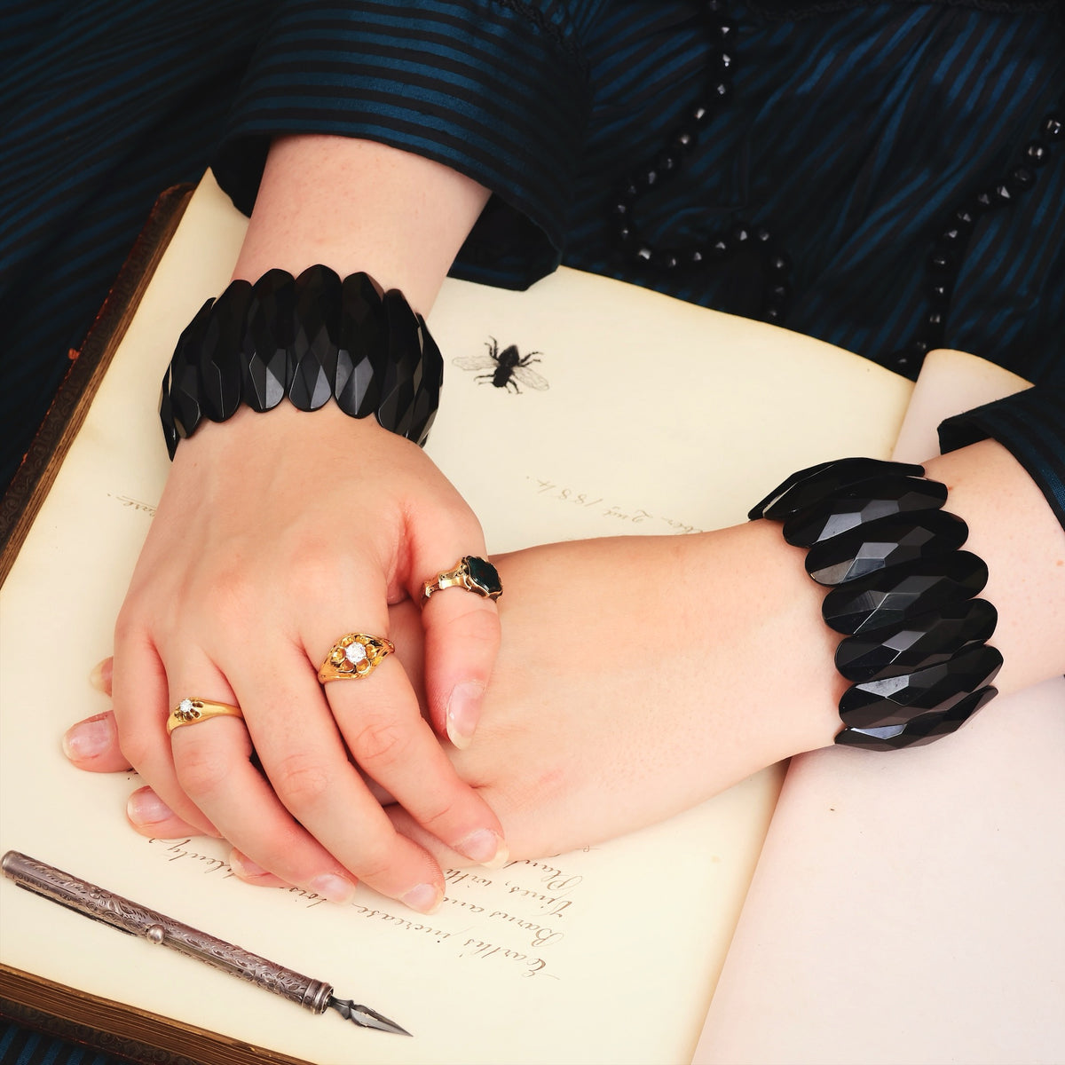 Fabulous Matching Pair of Whitby Jet Cuff Bracelets