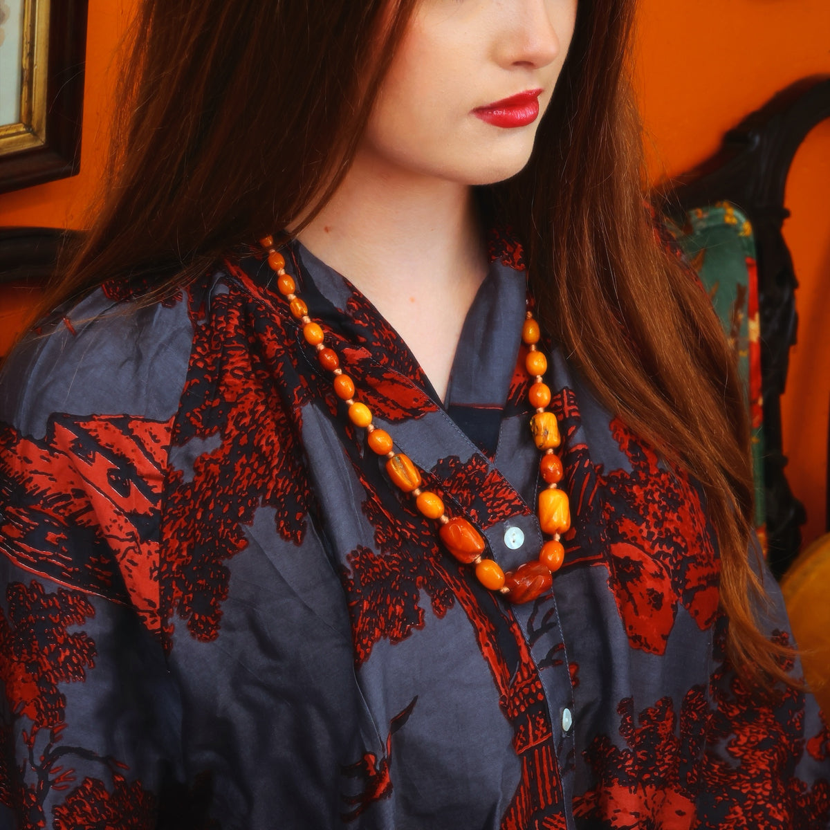 Antique 1920's Art Deco Carved Amber Necklace