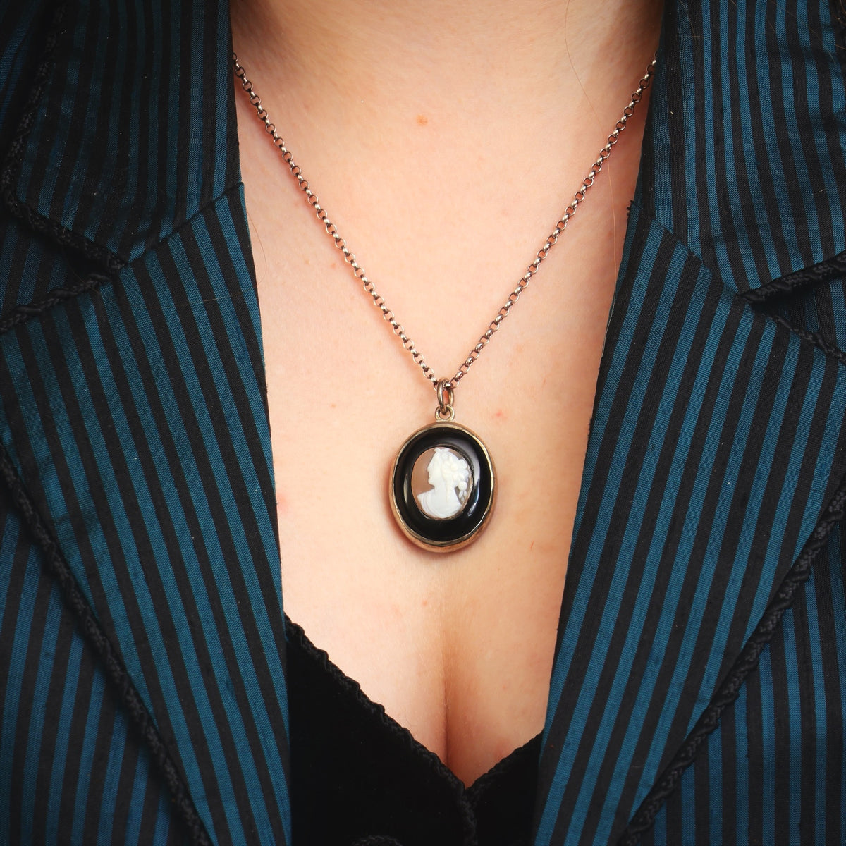 Antique Whitby Jet & Shell Cameo Pendant