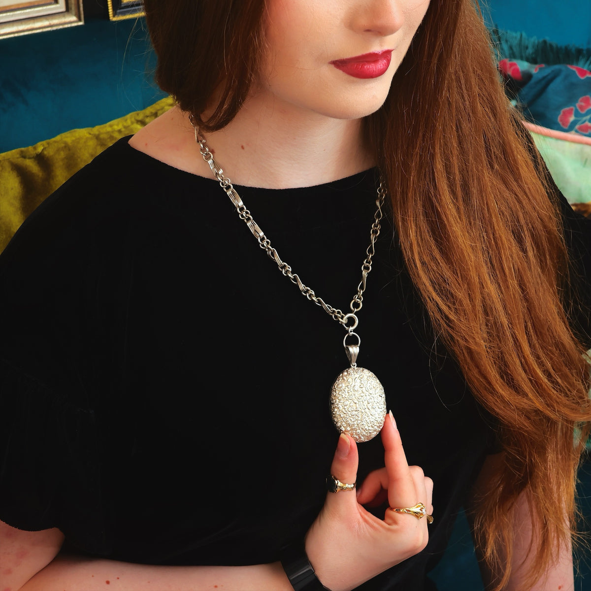 Victorian Repousse Silver Locket & Chain