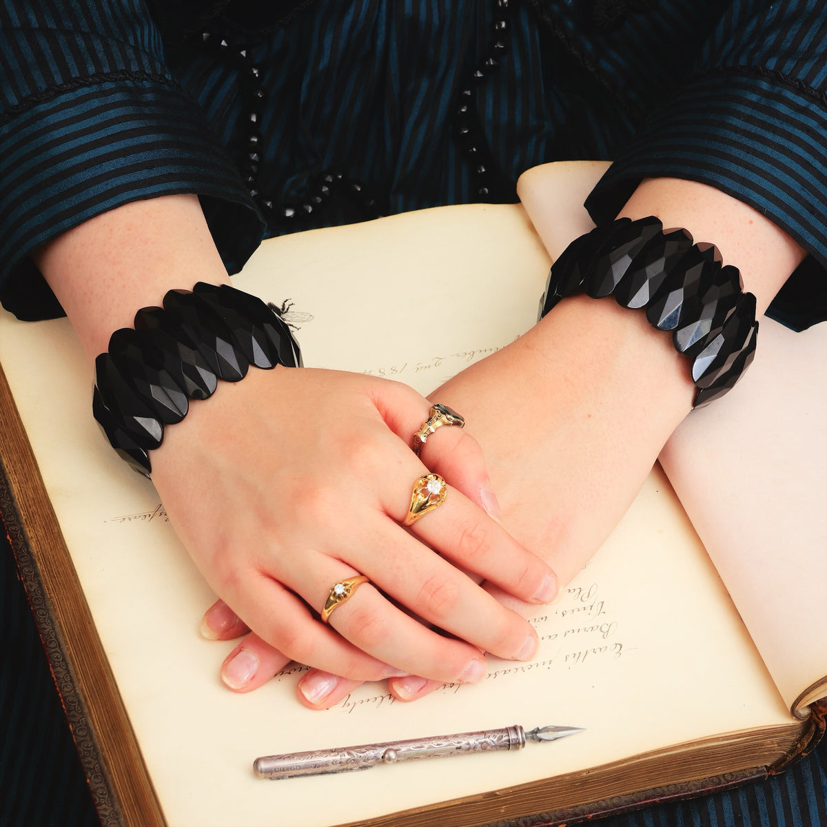 Fabulous Matching Pair of Whitby Jet Cuff Bracelets