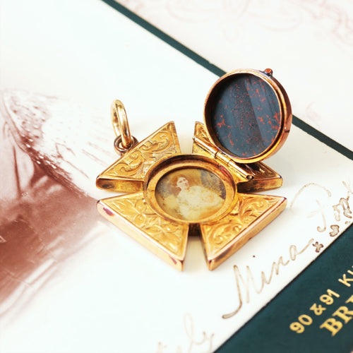 Antique Date 1894 Maltese Cross Bloodstone Locket