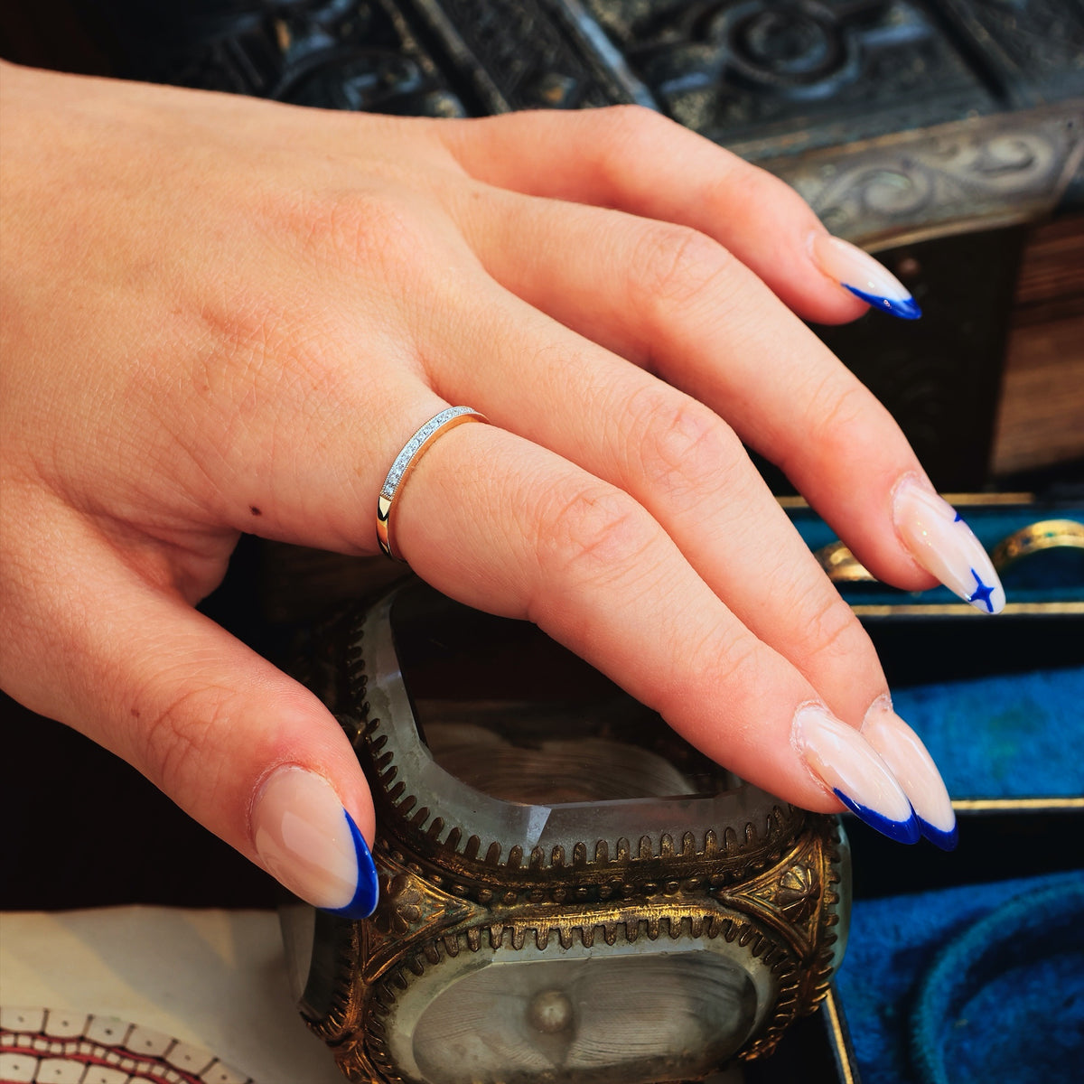 Vintage Style Beaded Diamond Half Eternity Ring