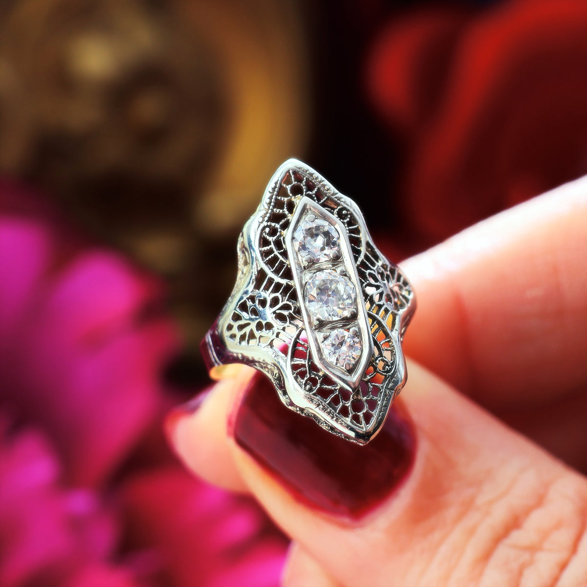 A Dramatic Vintage Filigree Diamond Dress Ring