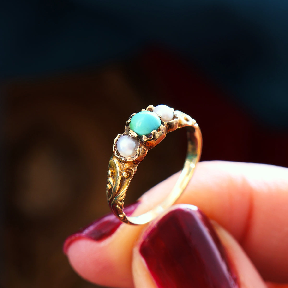 Fondest Victorian Turquoise & Wild Pearl Sweetheart Ring