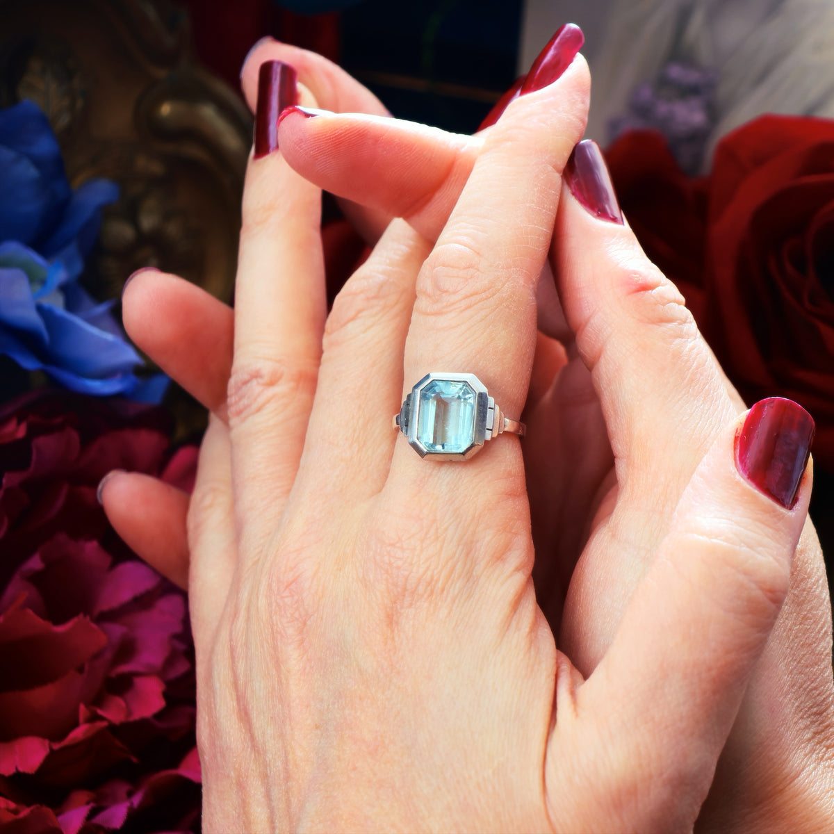 Vintage French Art Deco Aquamarine Dress Ring