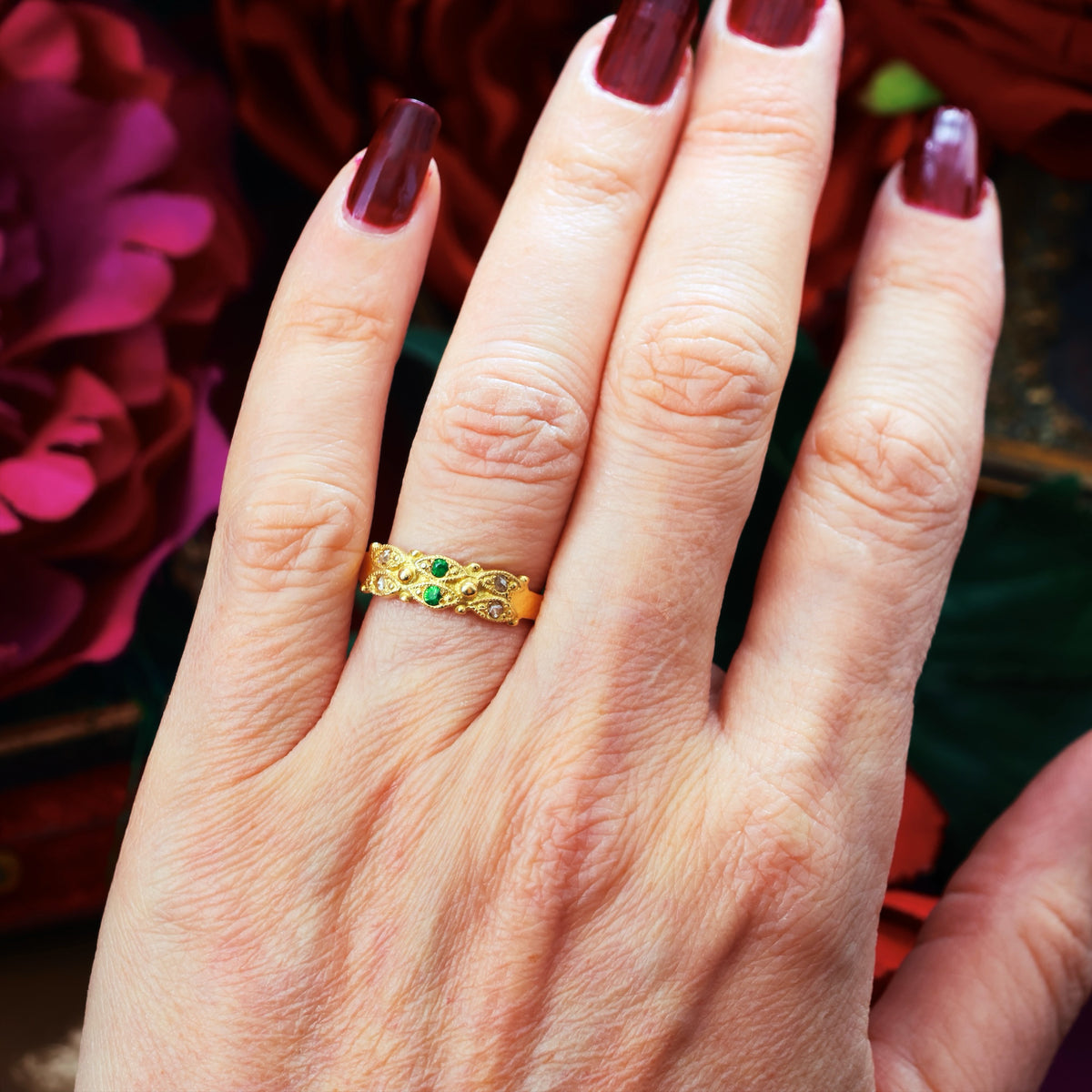 Recycled Rose Cut Diamond & Tsavorite Garnet Ring