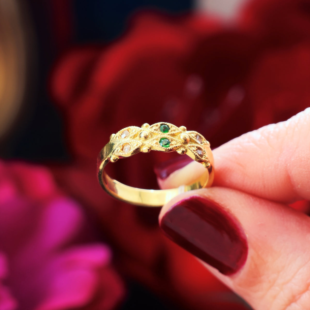 Recycled Rose Cut Diamond & Tsavorite Garnet Ring