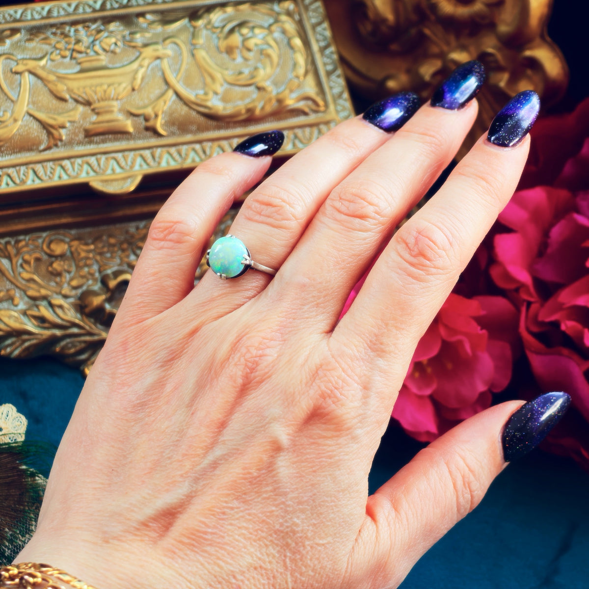 Vintage Rainbow Opal Cabochon Dress Ring