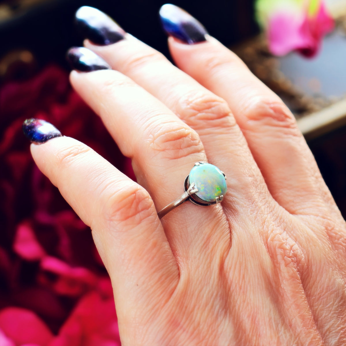 Vintage Rainbow Opal Cabochon Dress Ring