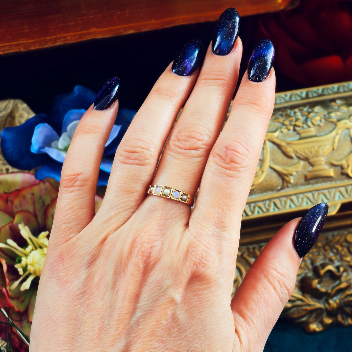 Antique Date 1876 Opal & Pearl Band Ring