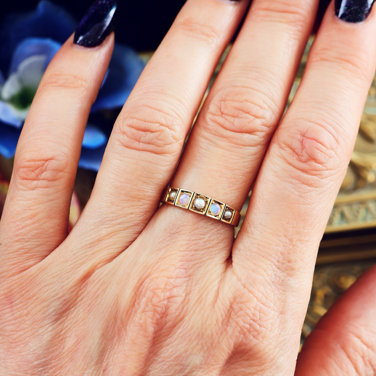 Antique Date 1876 Opal & Pearl Band Ring