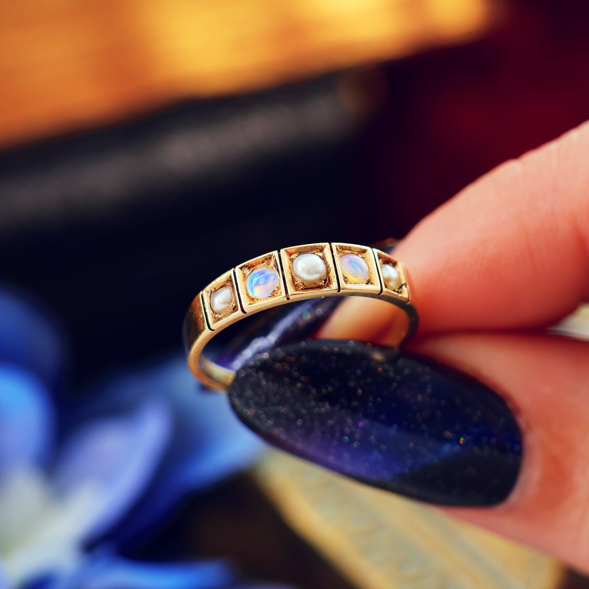 Antique Date 1876 Opal & Pearl Band Ring