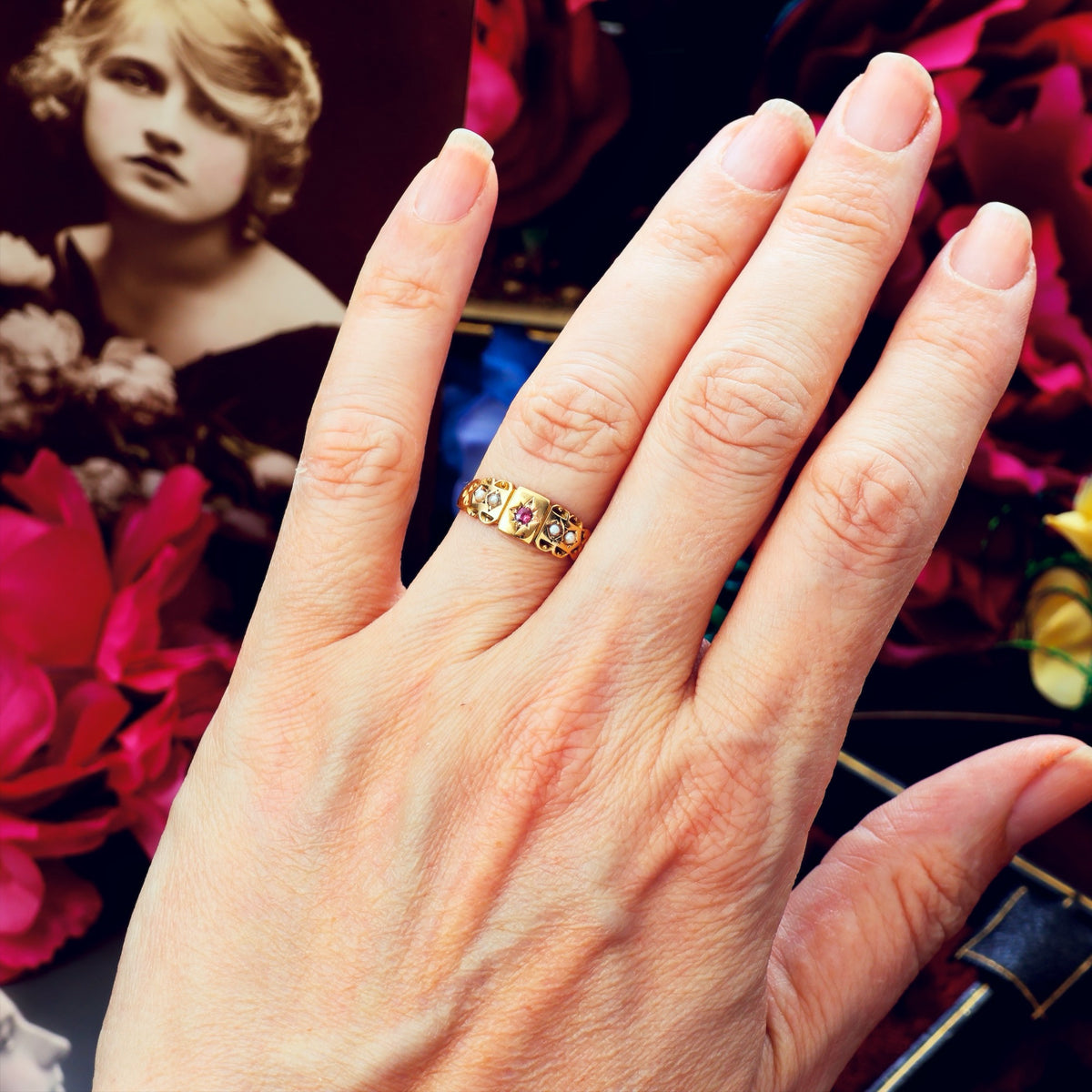 Date 1898 15ct Gold Ruby & Seed Pearl Ring