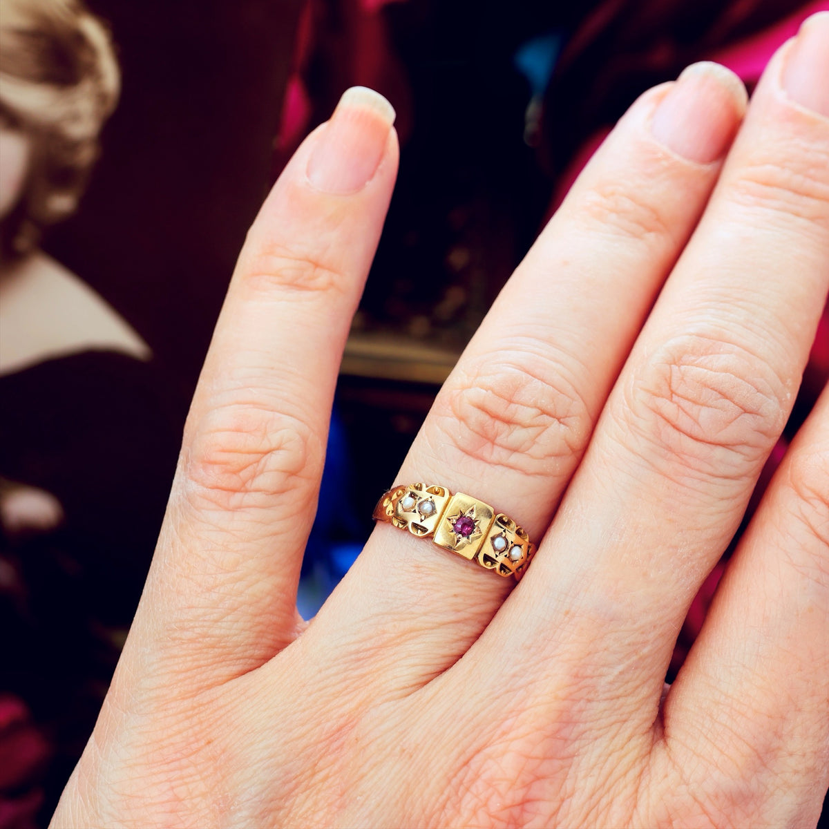 Date 1898 15ct Gold Ruby & Seed Pearl Ring