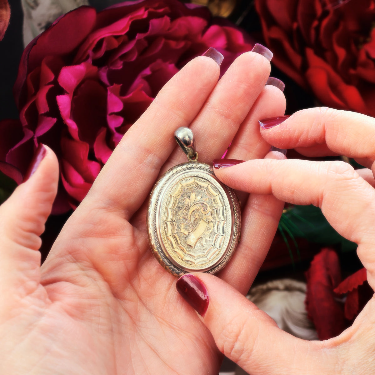 Antique Victorian 'Roses for Love' Hand Engraved Silver Locket