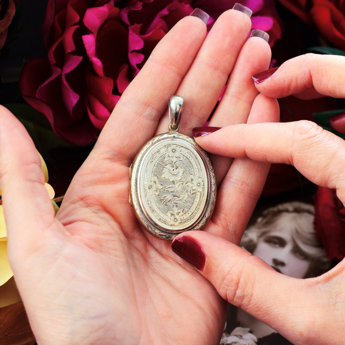 Antique Victorian 'Roses for Love' Hand Engraved Silver Locket