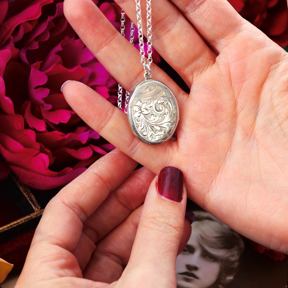 Antique Date 1908 Hand Engraved Oval Silver Locket