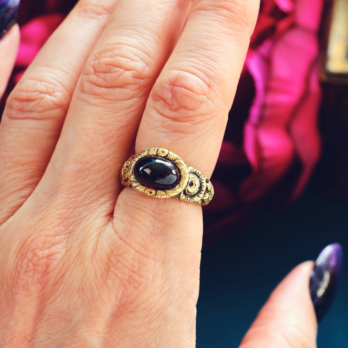 Rare Georgian Repousse Rococo Garnet Ring