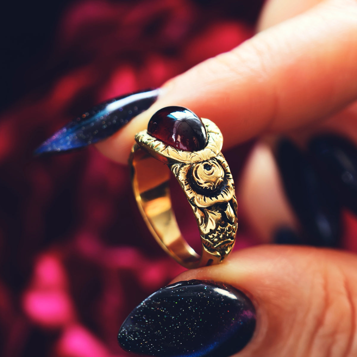 Rare Georgian Repousse Rococo Garnet Ring