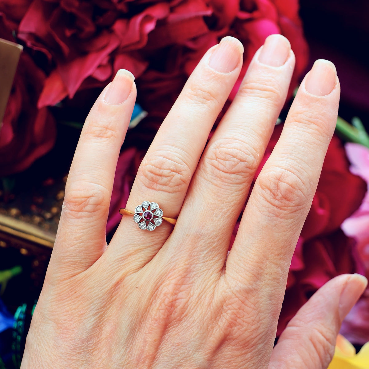 Vintage Ruby & Diamond Floral Engagement Ring