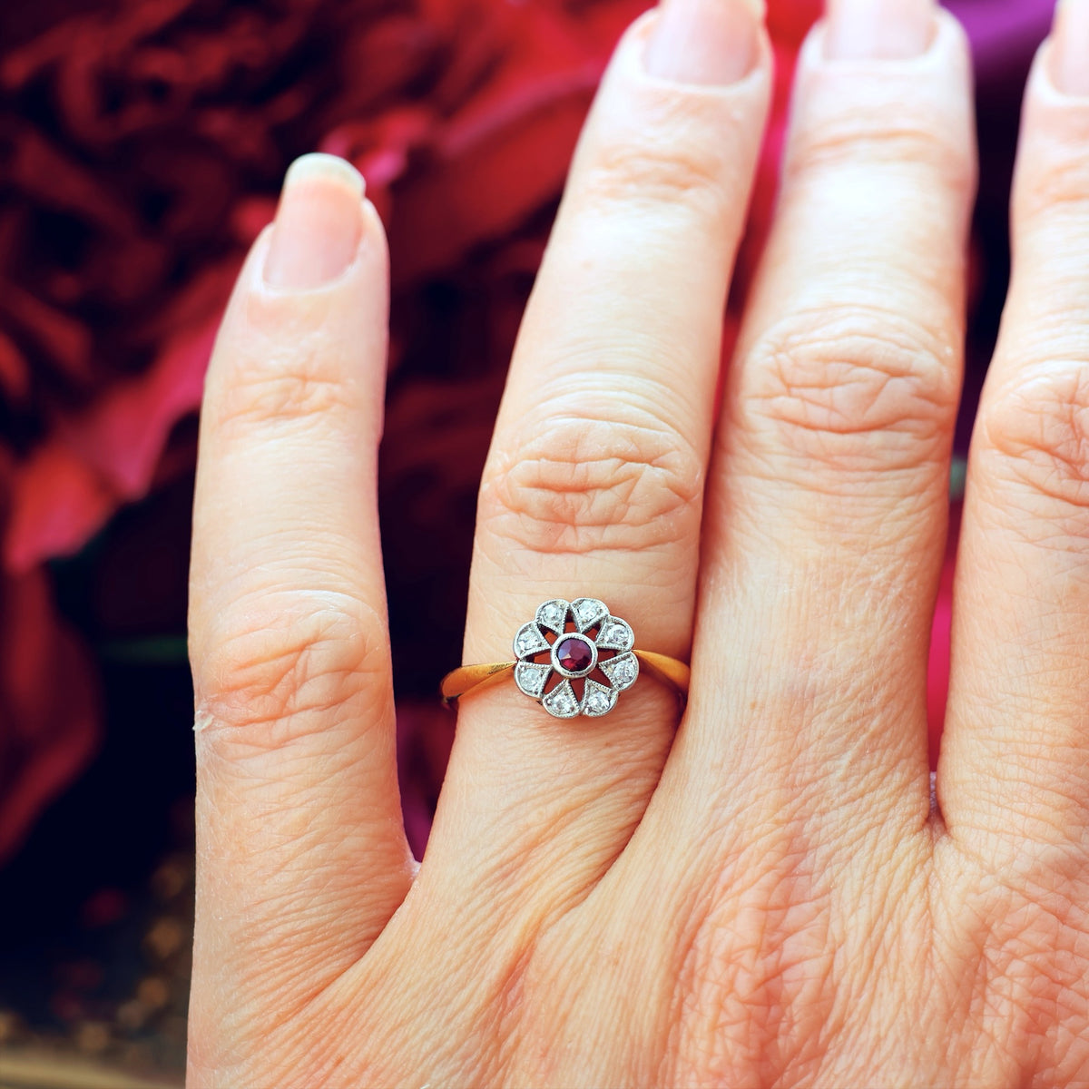 Vintage Ruby & Diamond Floral Engagement Ring
