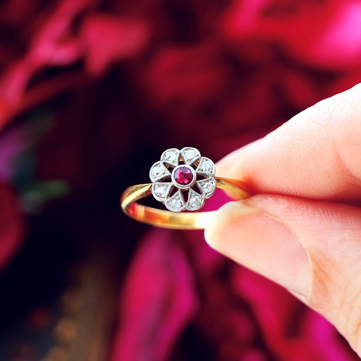 Vintage Ruby & Diamond Floral Engagement Ring