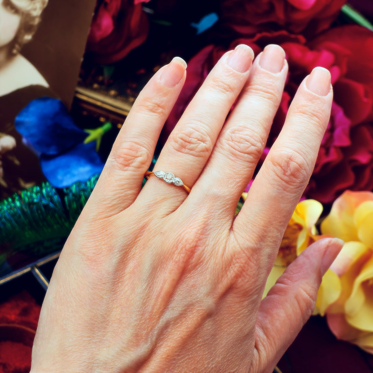 Adorable Vintage Pear Cut Diamond Trilogy Engagement Ring