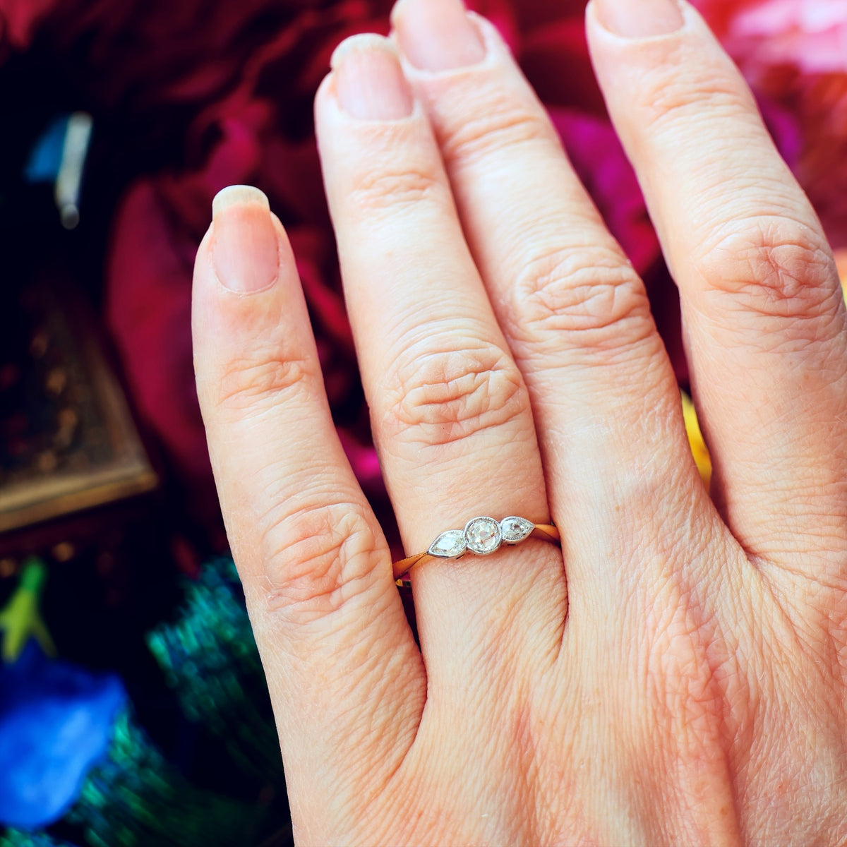 Adorable Vintage Pear Cut Diamond Trilogy Engagement Ring