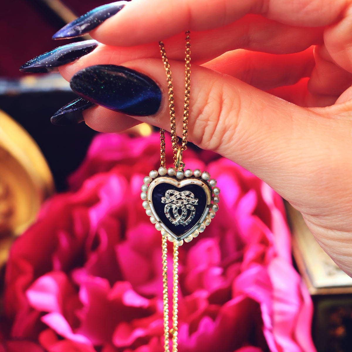 Antique Twin Hearts Natural Pearl Enamelled Heart Pendant