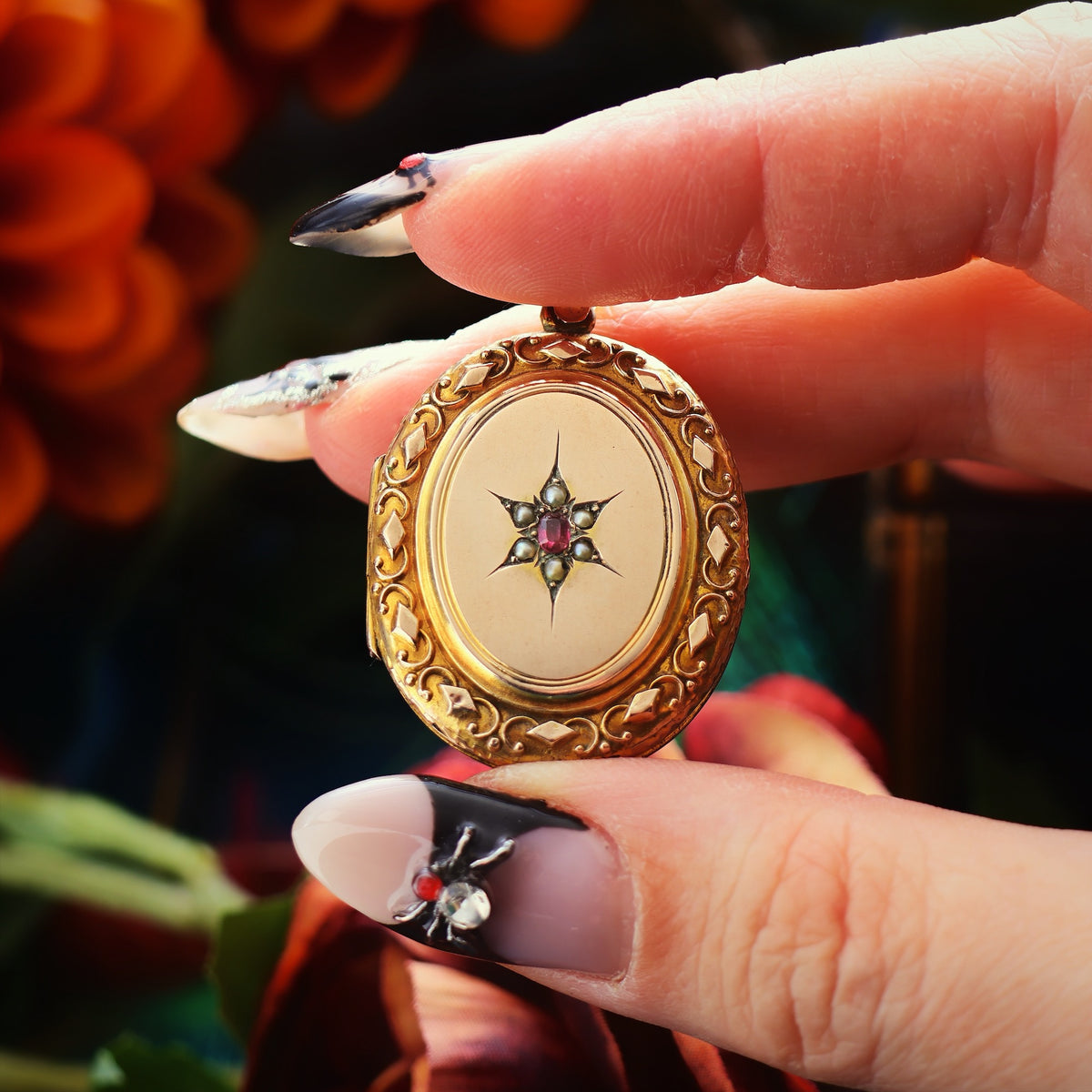 Antique Oval Garnet & Pearl Gold Locket