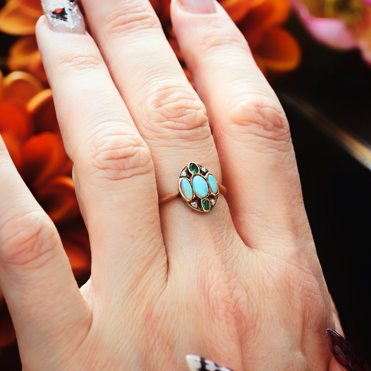 Antique Hand Made Opal, Emerald & Diamond Ring