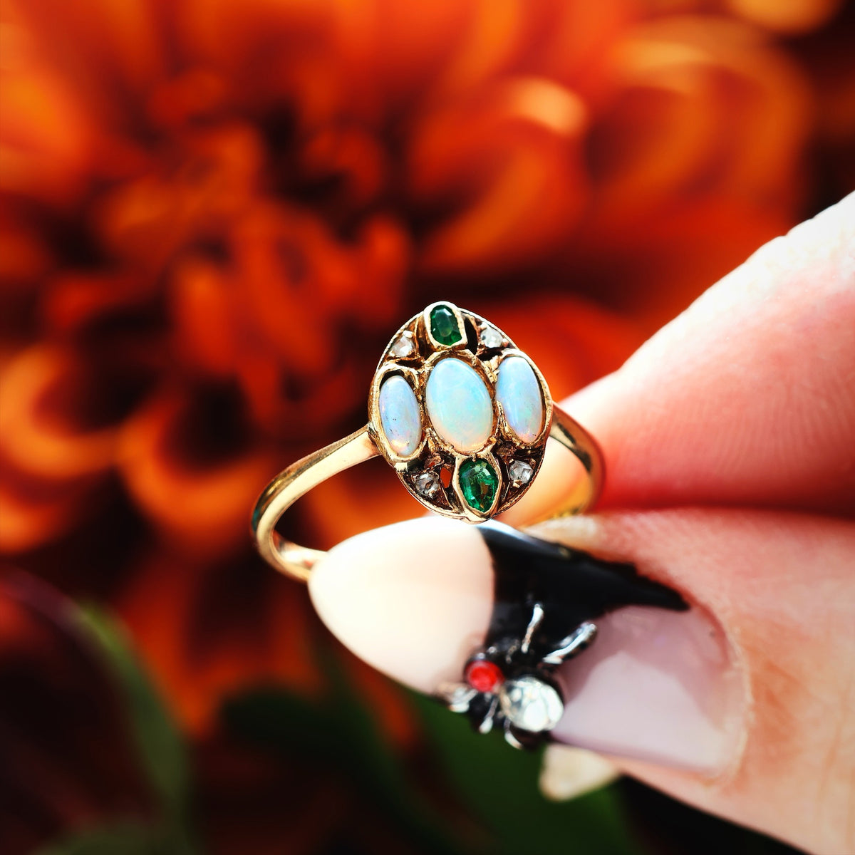 Antique Hand Made Opal, Emerald & Diamond Ring