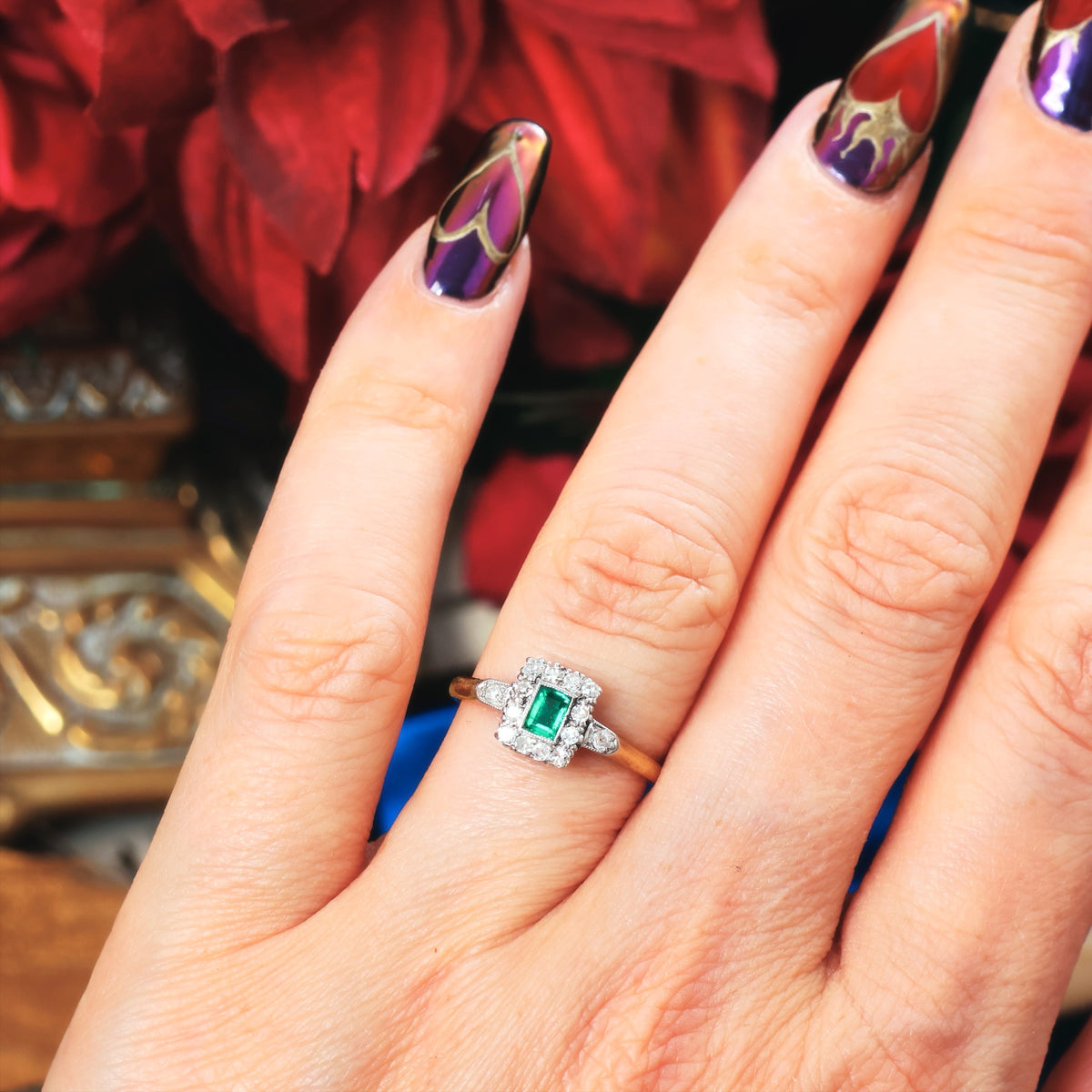 Vintage Emerald & Diamond Cluster Ring