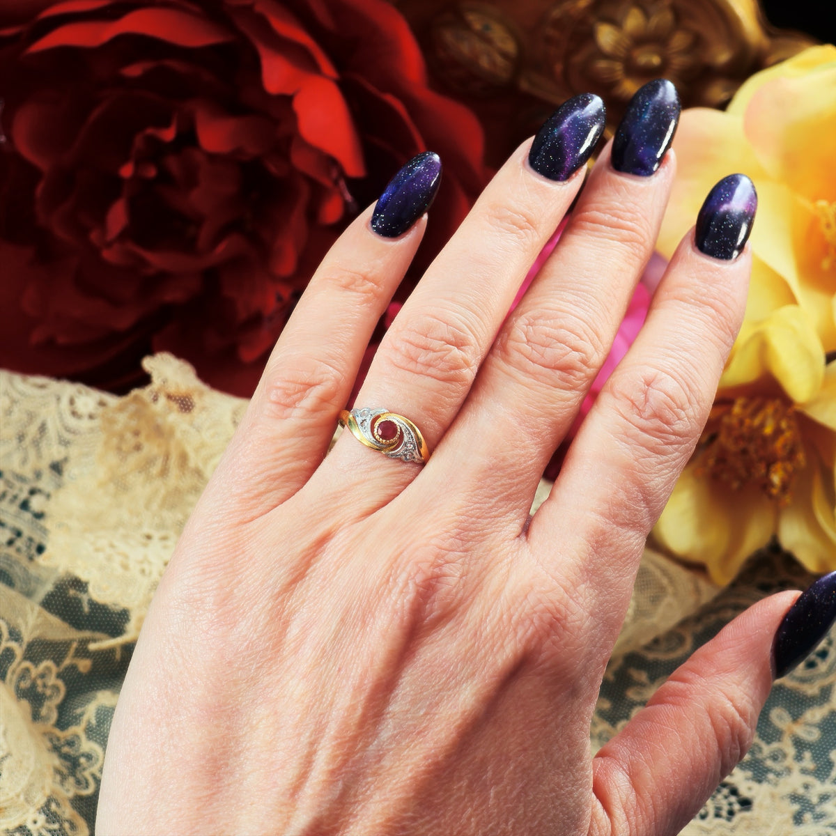 Cute French Art Nouveau Ruby & Diamond Ring