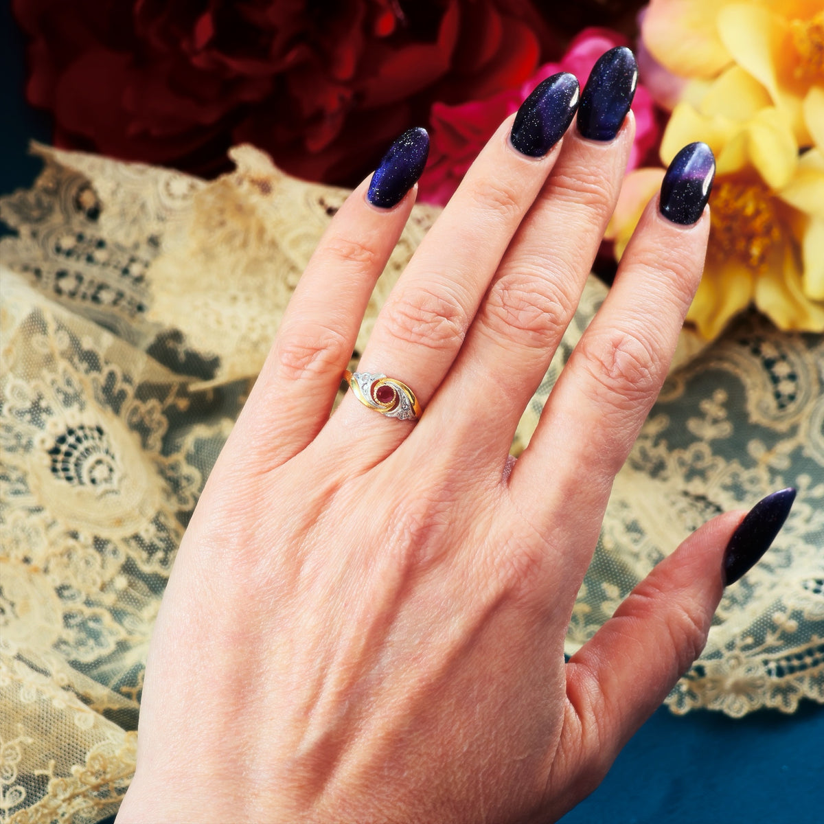 Cute French Art Nouveau Ruby & Diamond Ring