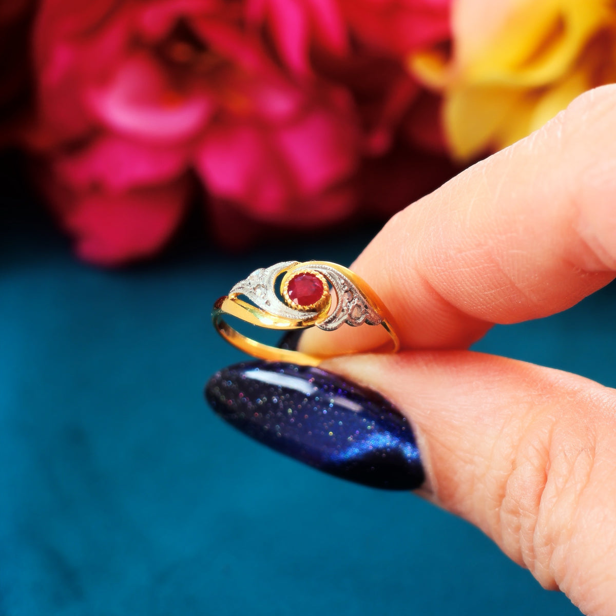 Cute French Art Nouveau Ruby & Diamond Ring