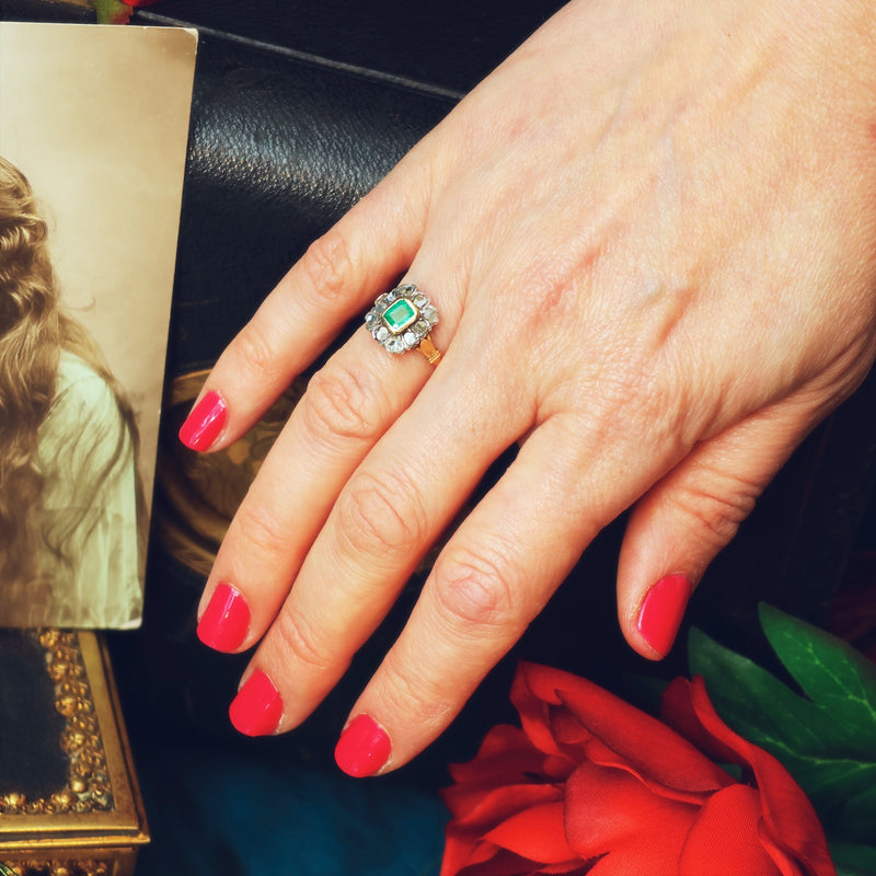 Vintage Emerald & Rose Cut Diamond Cluster Ring