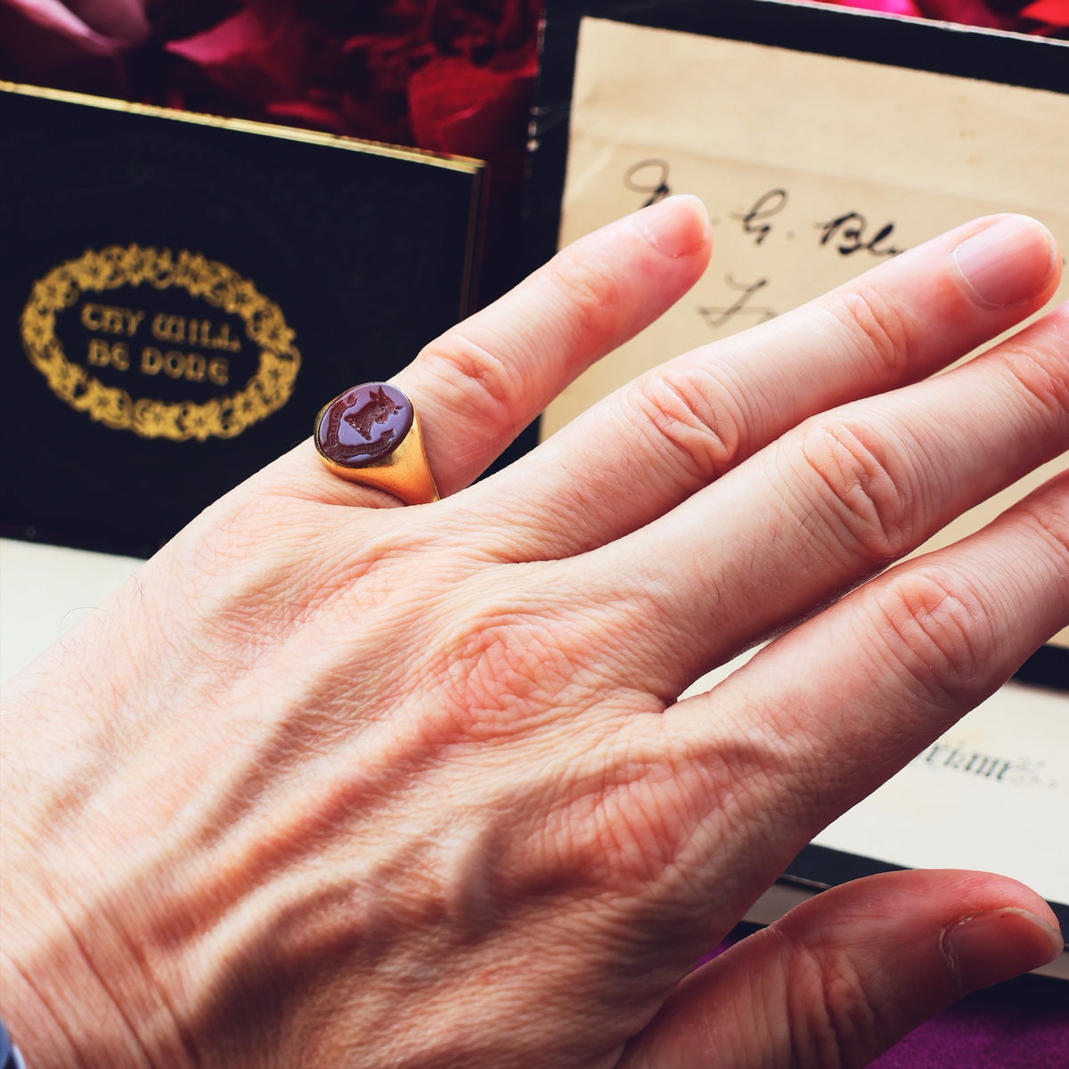 Date 1935 Sardonyx Intaglio Signet Seal Ring